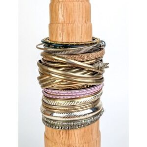 Mixed Bangle Bracelet Lot Gold Silver Tone Beaded Textured Dragonfly Stack 25pc